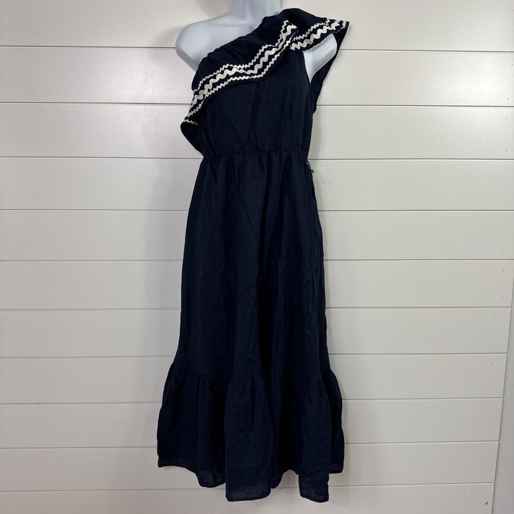J. Crew RicRac Ruffle Midi Dress One Shoulder Sleeveless Navy Blue sz S